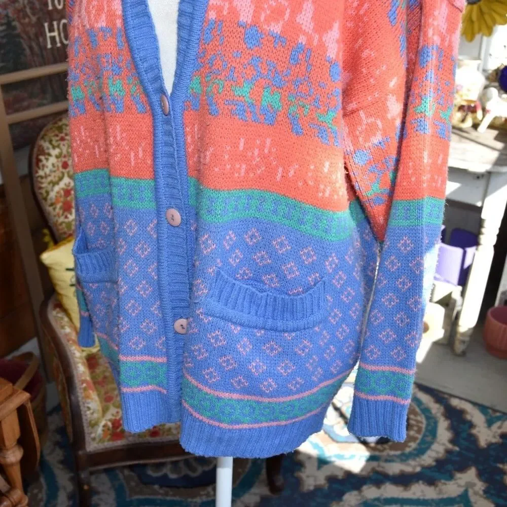 Vintage 90s Lindsay Gray Knit Cardigan Oversized Colorblock Grandpa M